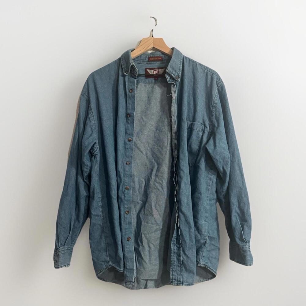 Vintage DG Denim Button-Down Shirt Men’s Medium Long Sleeve Blue Jean Casual 90s